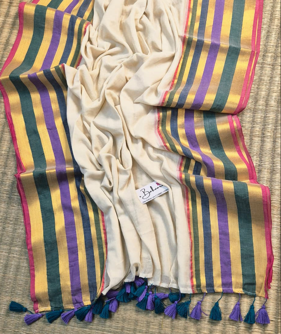 Noor | Royal Ivory Mul Mul Cotton Saree with Multicoloured Border