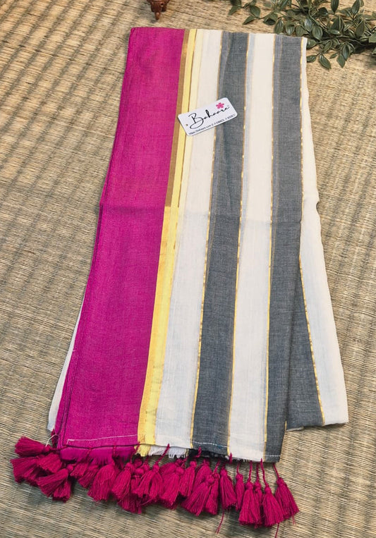 Mohini | Smoky Black and White Mul Mul Cotton Saree with Rani Pink Border