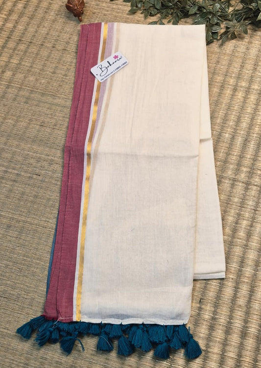 Mohini | Butter Cream Mul Mul Cotton Saree with Ganga Jamuna Border