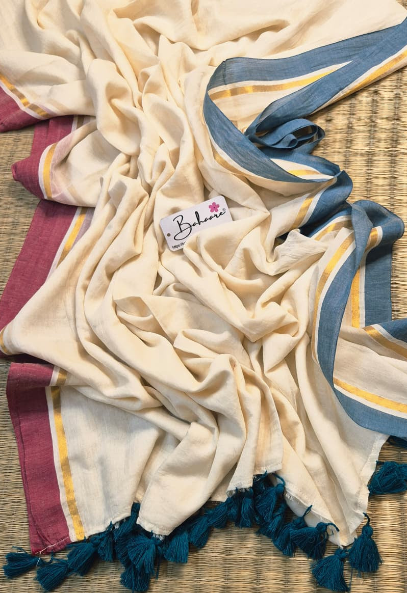 Mohini | Butter Cream Mul Mul Cotton Saree with Ganga Jamuna Border