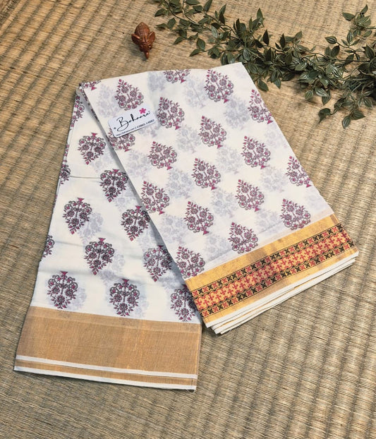 Cotton Galleria | Ivory Maroon Kerala Kasavu Cotton Saree with Kalka Motif
