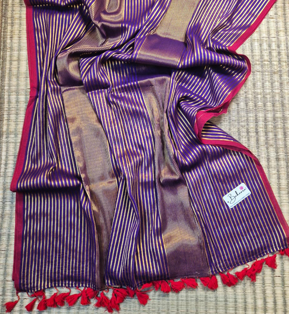 Noor | Royal Jamuni Purple Mul Mul Cotton Saree with Golden Zari Stripe