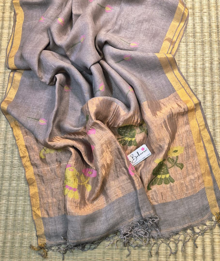 Woodland Whispers | Soft Mink Grey Jayshree Linen Saree with Paithani Motif