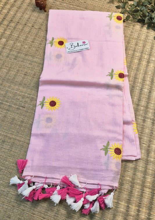 Mohini | Blush Pink Mul Mul Cotton Saree with Flower Embroidery