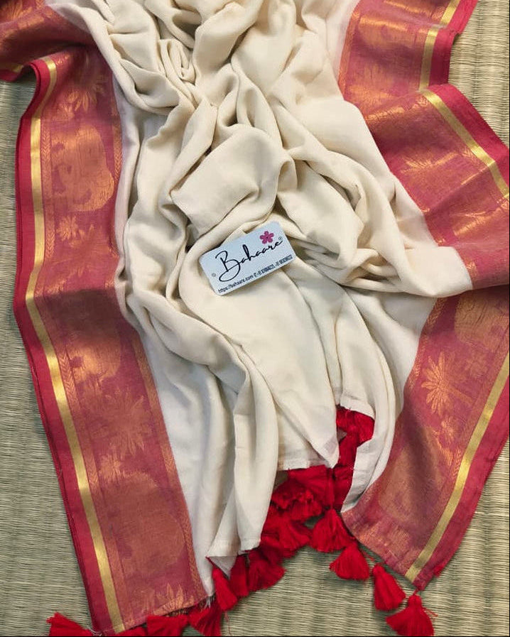 Noor | Festive Off White Mul Mul Cotton Saree with Elephant Motif Zari Border