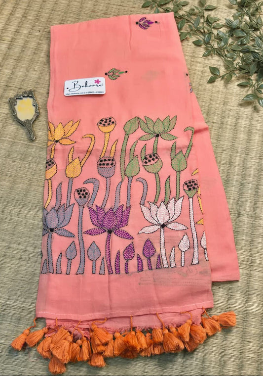 Mohini | Soft Peach Mul Mul Cotton Saree with Kantha Hand Embroidery