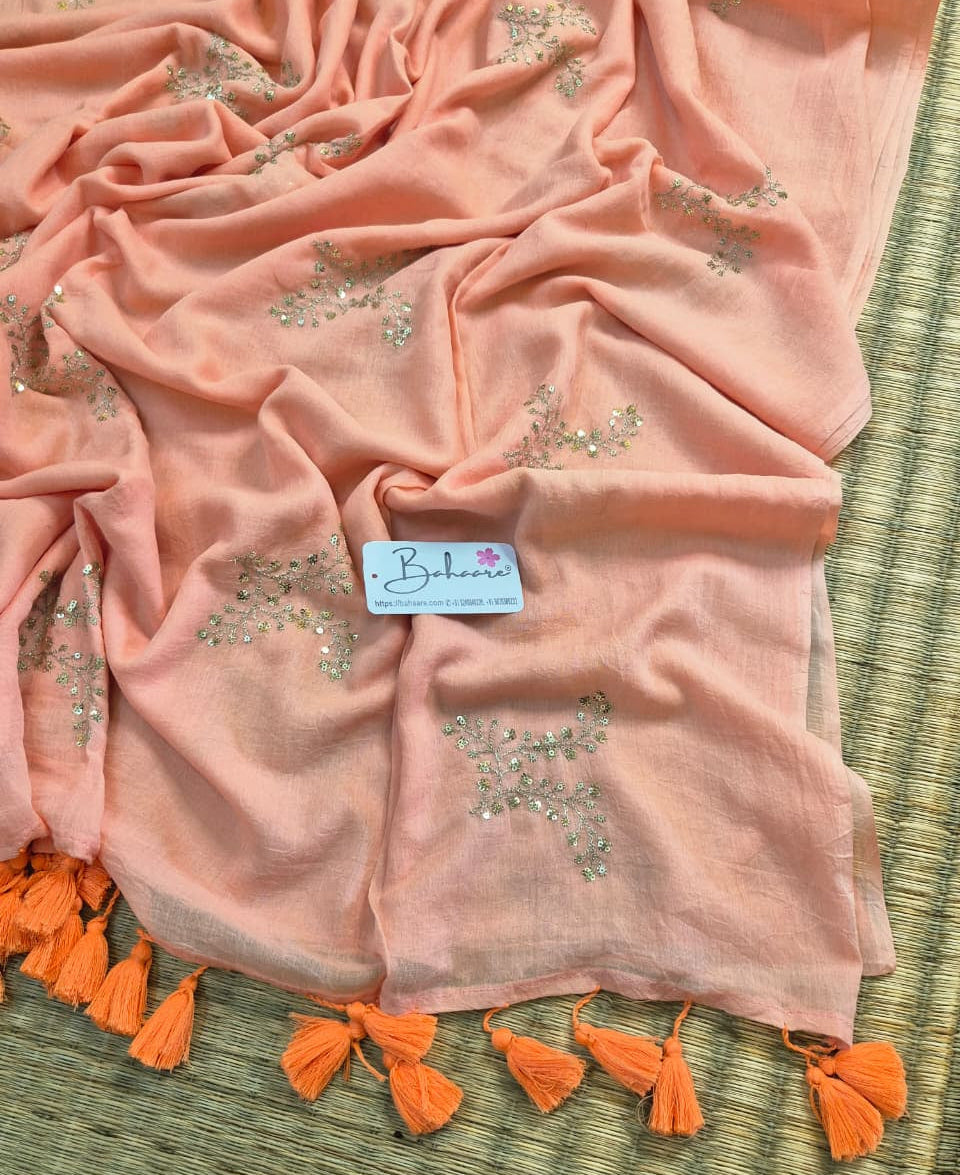 Shimmering Starlight | Light Peach Mul Mul Cotton Saree with Sequin Zari Embroidery Work