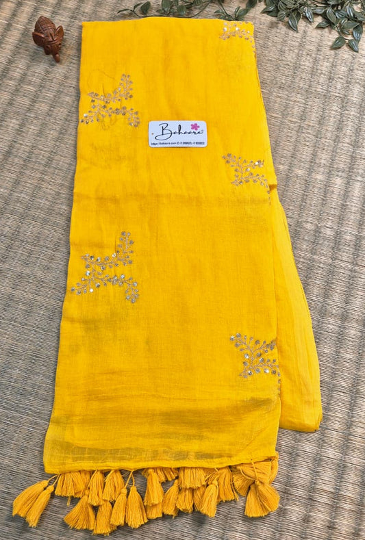 Shimmering Starlight | Golden Yellow Mul Mul Cotton Saree with Sequin Zari Embroidery Work