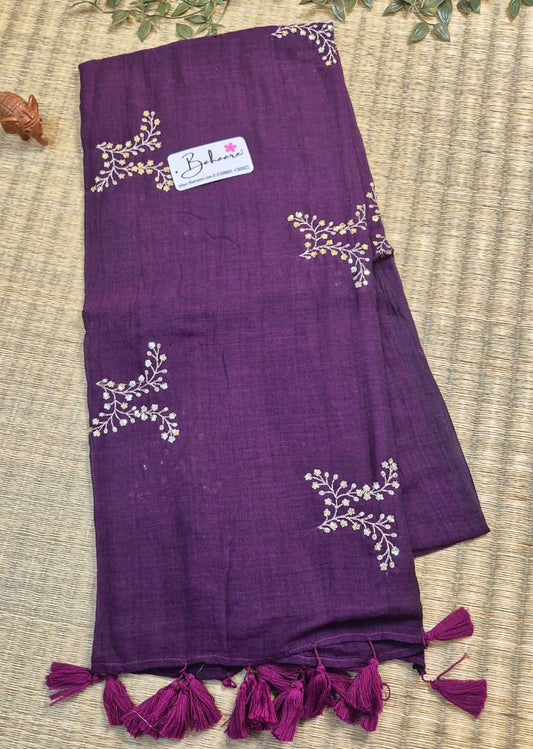 Shimmering Starlight | Deep Purple Mul Mul Cotton Saree with Sequin Zari Embroidery Work