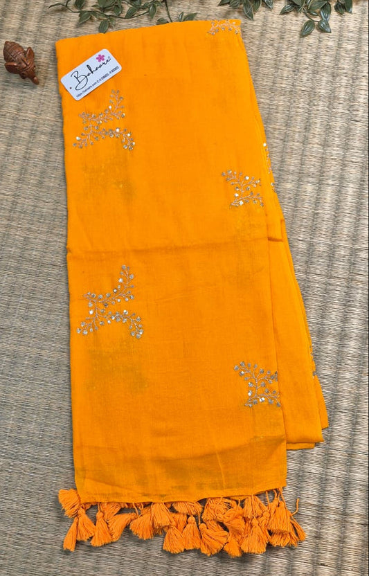Shimmering Starlight | Mango Orange Mul Mul Cotton Saree with Sequin Zari Embroidery Work