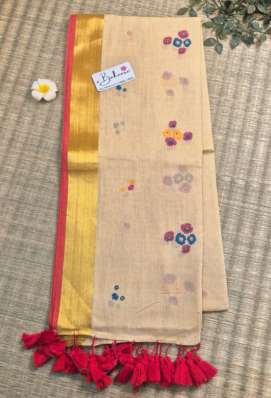 Noor | Ivory Beige Mul Mul Cotton Saree with Golden Zari Border and Flower Motif
