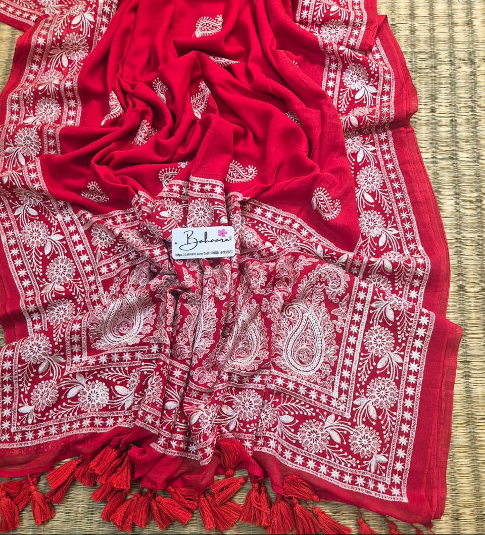 Mohini | Rose Red Mul Mul Cotton Saree with Chikankari Embroidery