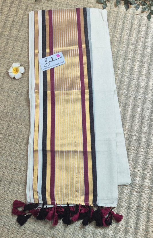 Noor | Kasavu White Mul Mul Cotton Saree with Multicoloured Border