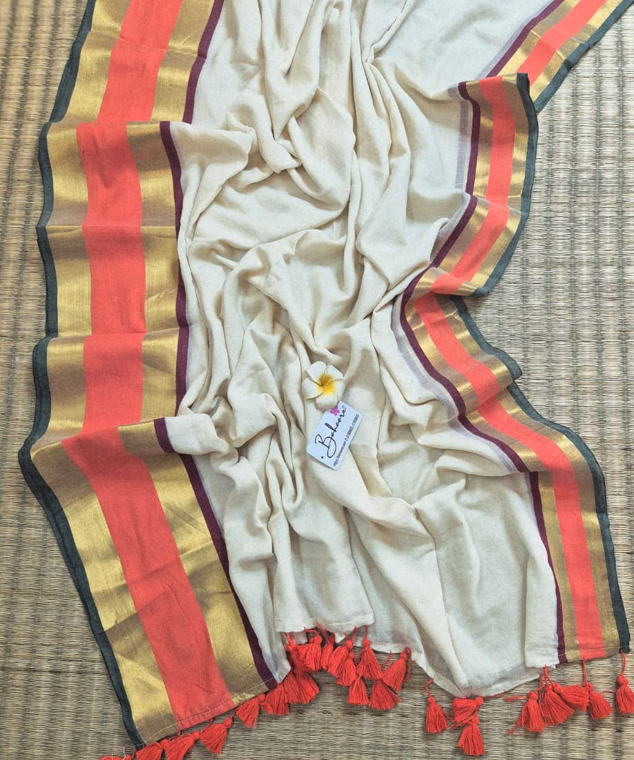 Noor | Madurai Cream Mul Mul Cotton Saree with Orange and Golden Zari Border