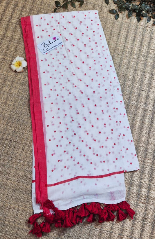 Polka Passion | Classic White and Red Mul Mul Cotton Saree