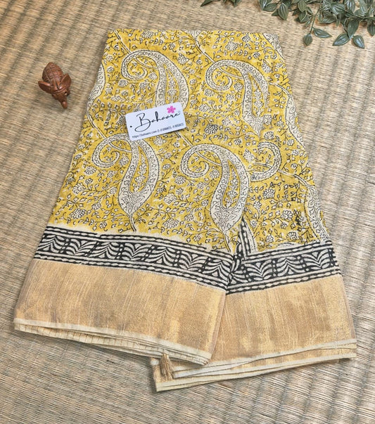Woodland Whispers | Mustard Yellow Natural Dyed Dabu Block Print Linen Cotton Saree