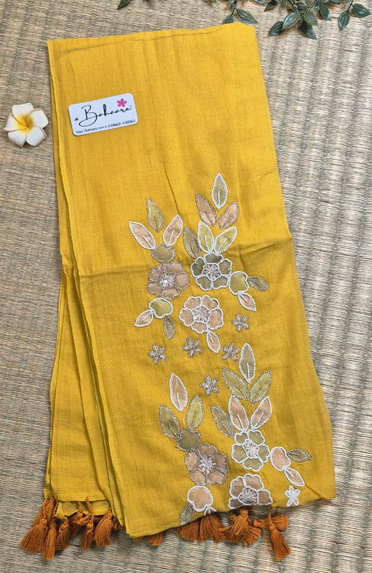 Mohini | Golden Yellow Mul Mul Cotton Saree with Handcrafted Moti Work on Front Top Part