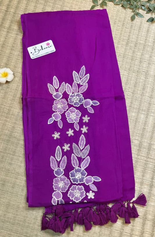 Mohini | Dark Magenta Mul Mul Cotton Saree with Handcrafted Moti Work on Front Top Part