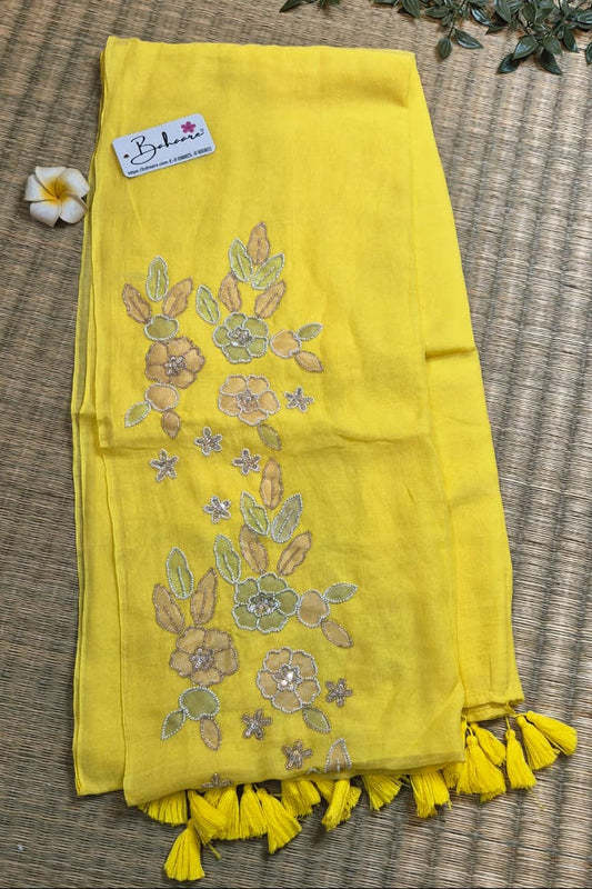 Mohini | Light Yellow Mul Mul Cotton Saree with Handcrafted Moti Work on Front Top Part