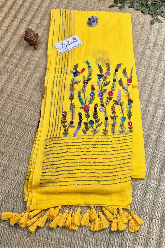 Mohini | Soft Yellow Mul Mul Cotton Saree with Handcrafted Bullion Stich