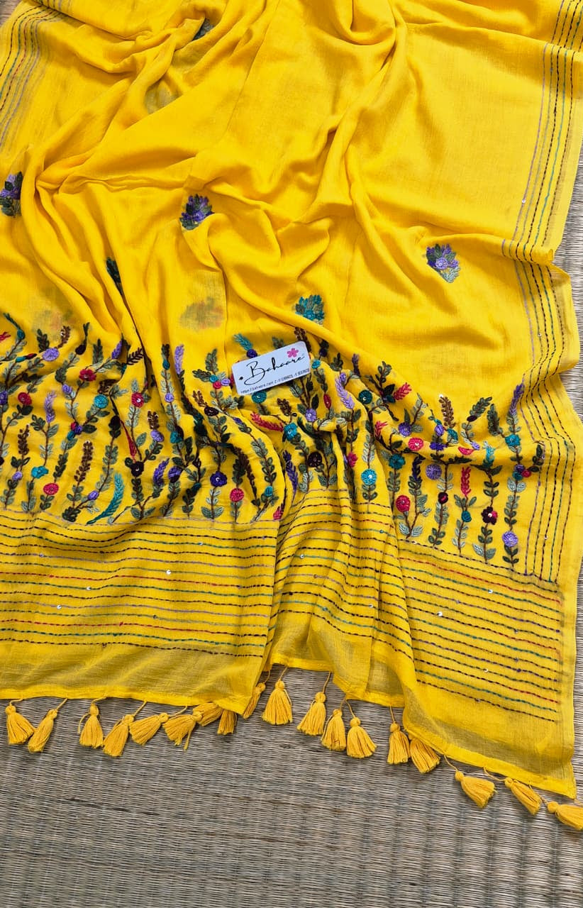 Mohini | Soft Yellow Mul Mul Cotton Saree with Handcrafted Bullion Stich