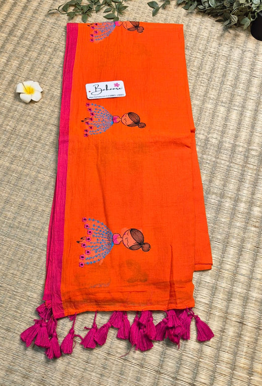 Noor | Orange Mul Mul Cotton Saree with Doll Motif