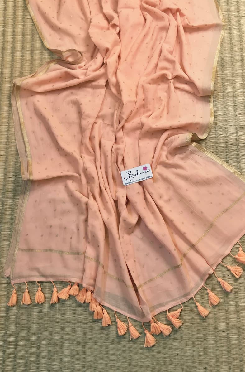 Polka Passion | Light Peach Mul Mul Cotton Saree with Golden Polka Dots