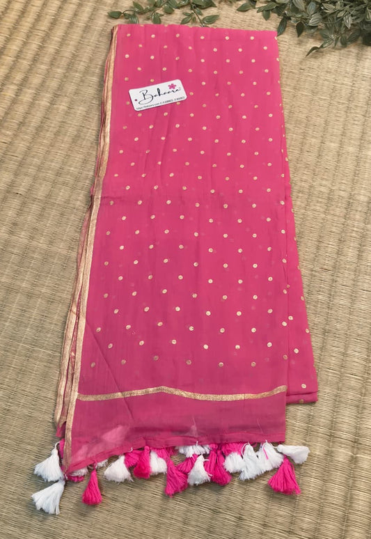 Polka Passion | Raspberry Pink Mul Mul Cotton Saree with Golden Polka Dots