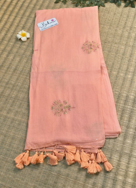 Shimmering Starlight | Soft Peach Mul Mul Cotton Saree with Sequin Zari Embroidery Work