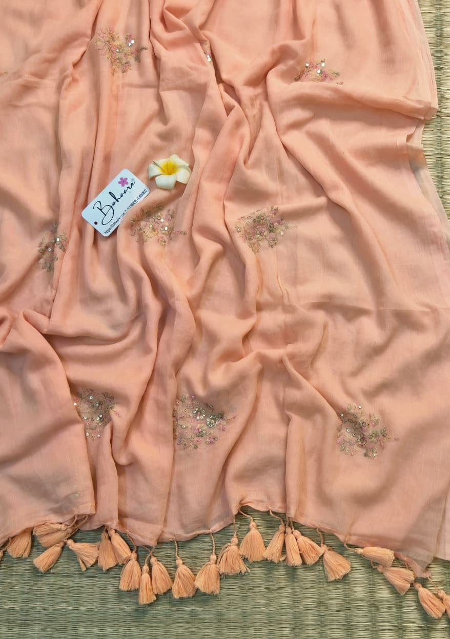 Shimmering Starlight | Soft Peach Mul Mul Cotton Saree with Sequin Zari Embroidery Work