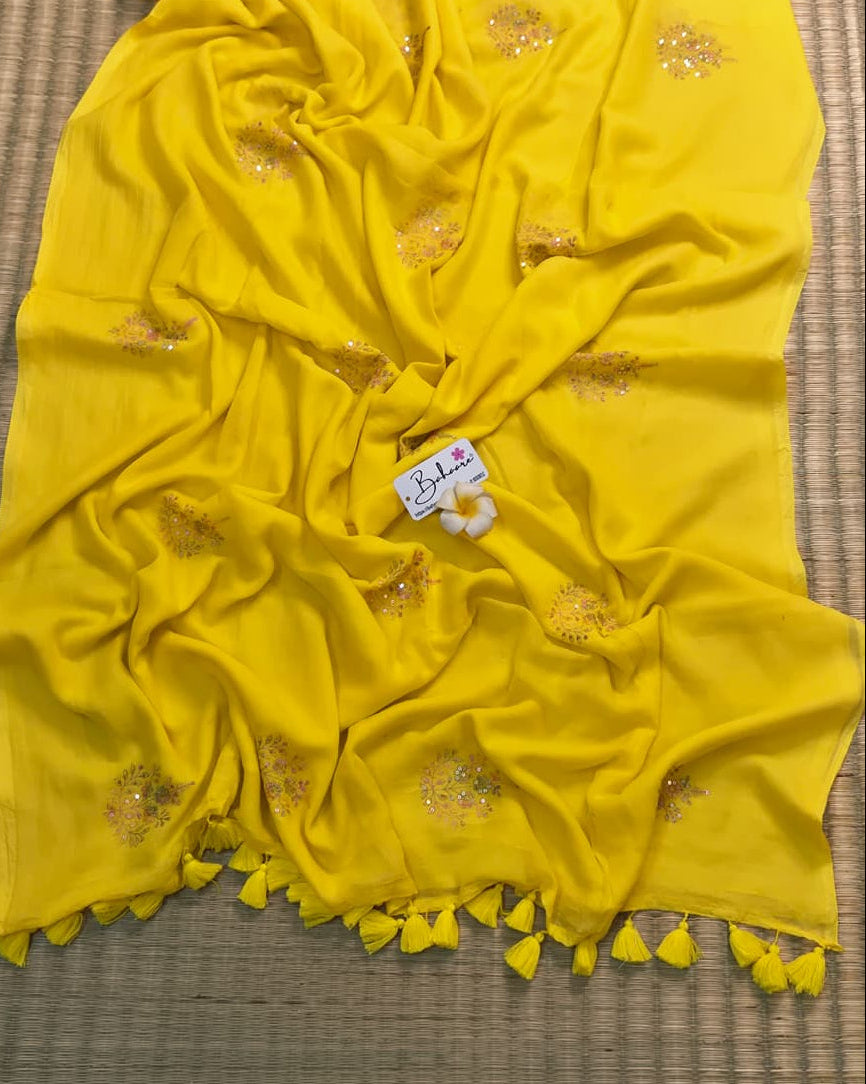 Shimmering Starlight | Poppins Yellow Mul Mul Cotton Saree with Sequin Zari Embroidery Work