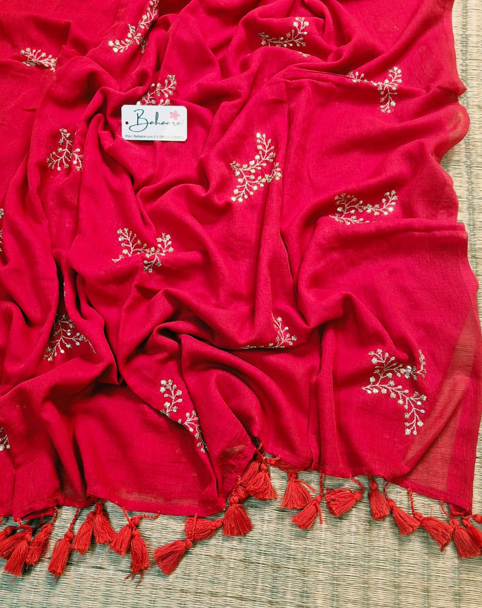 Shimmering Starlight | Ruby Red Mul Mul Cotton Saree with Sequin Zari Embroidery Work