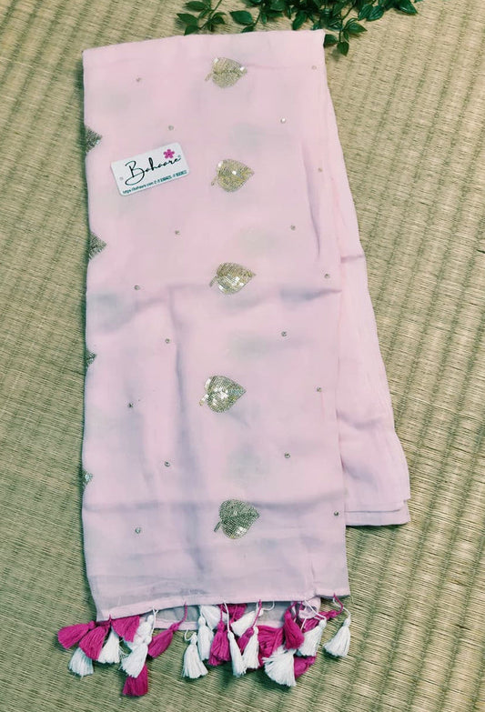 Shimmering Starlight | Pastel Pink Mul Mul Cotton Saree with Sequin Zari Embroidery Work