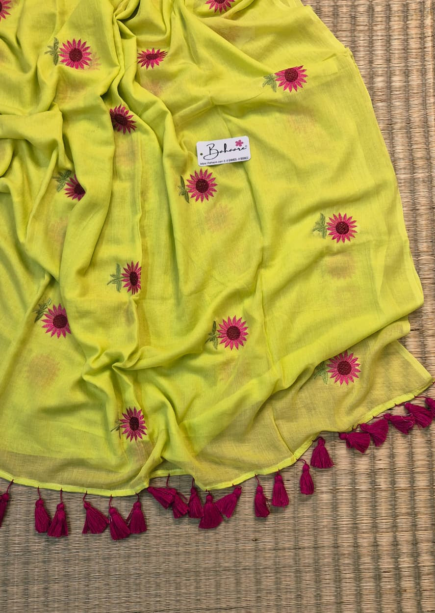 Mohini | Lemon Glow Mul Mul Cotton Saree with Flower Motif