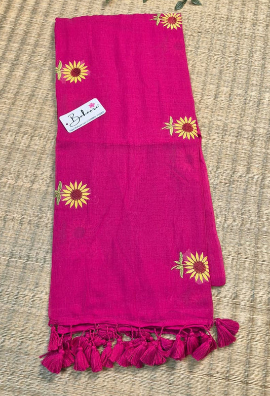 Mohini | Rani Pink Mul Mul Cotton Saree with Flower Motif