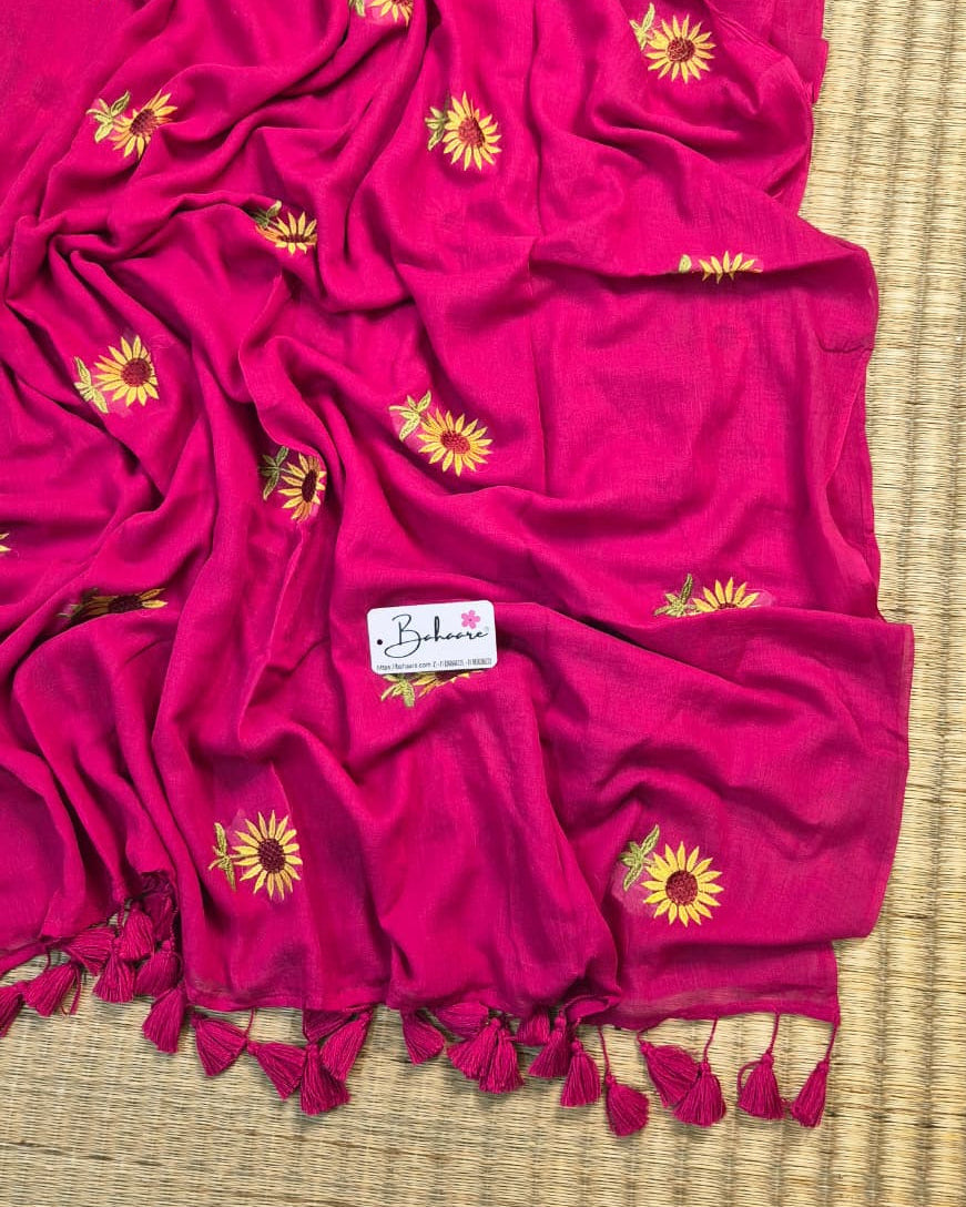 Mohini | Rani Pink Mul Mul Cotton Saree with Flower Motif