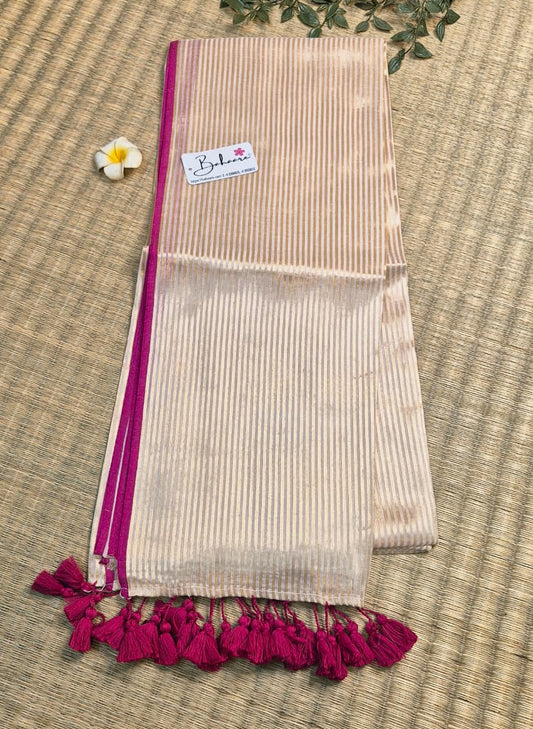 Megha | Iris Cream Tissue Saree with Magenta Border