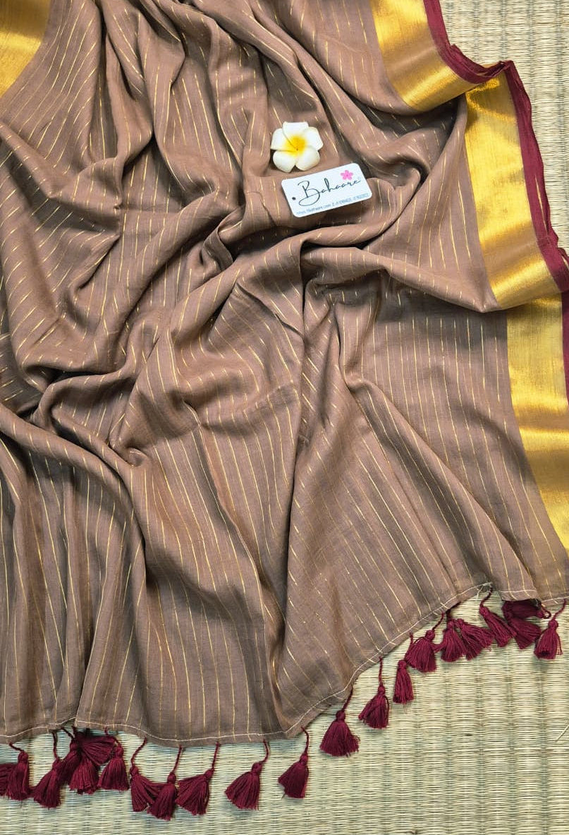 Noor | Mocha Brown Mul Mul Cotton Saree with Golden Zari Border