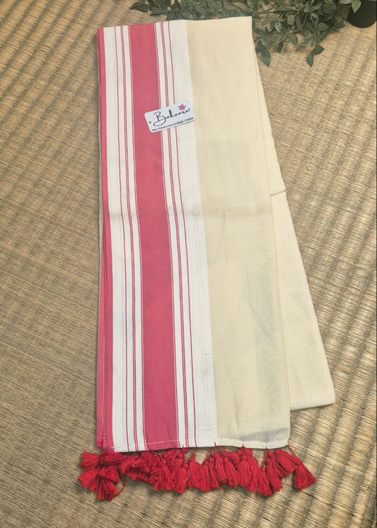 Cotton Galleria | Pearl White Handwoven Premium Cotton Saree with Red Border