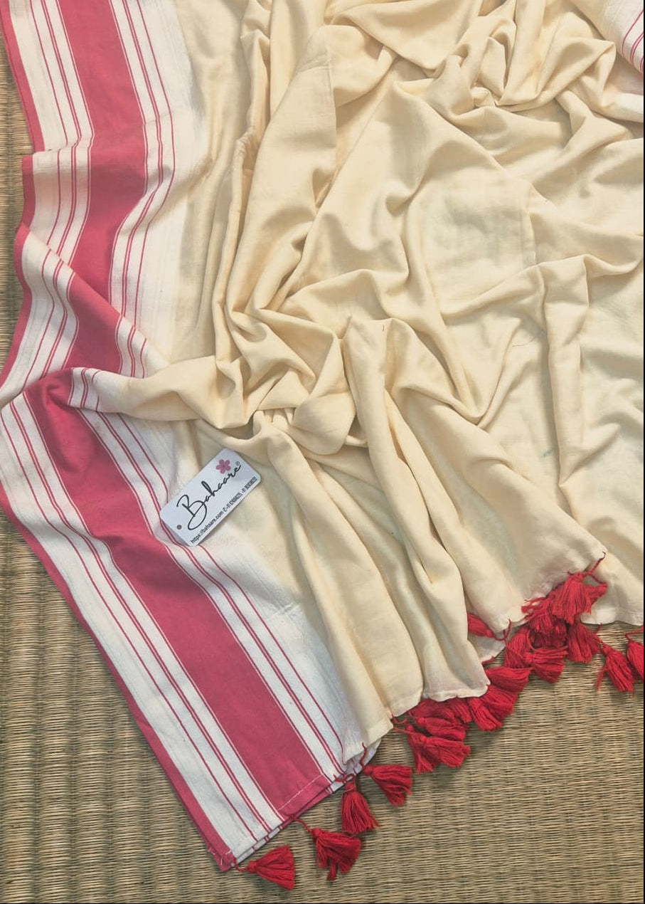 Cotton Galleria | Pearl White Handwoven Premium Cotton Saree with Red Border