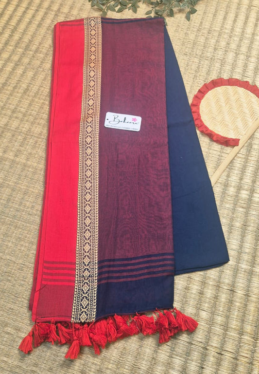 Cotton Galleria | Midnight Blue Handwoven Premium Cotton Saree with Red Border