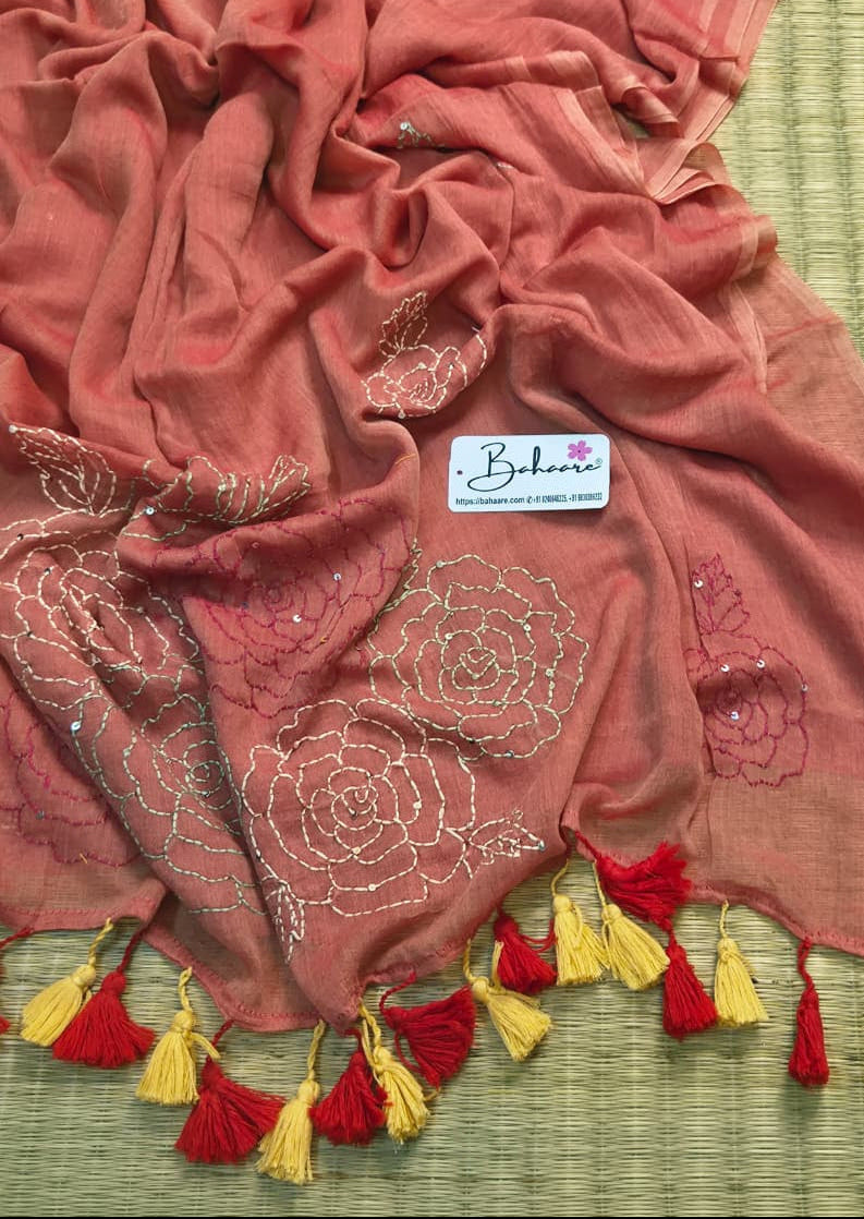 Mohini | Sunset Orange Mul Mul Cotton Saree with Kantha Hand Embroidery
