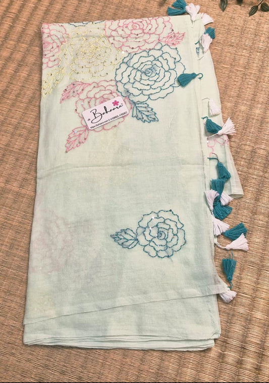 Mohini | Fresh Mint Mul Mul Cotton Saree with Kantha Hand Embroidery
