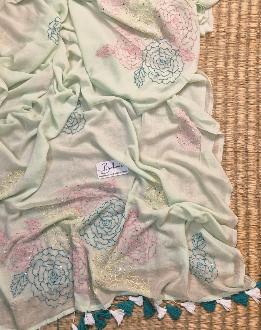 Mohini | Fresh Mint Mul Mul Cotton Saree with Kantha Hand Embroidery