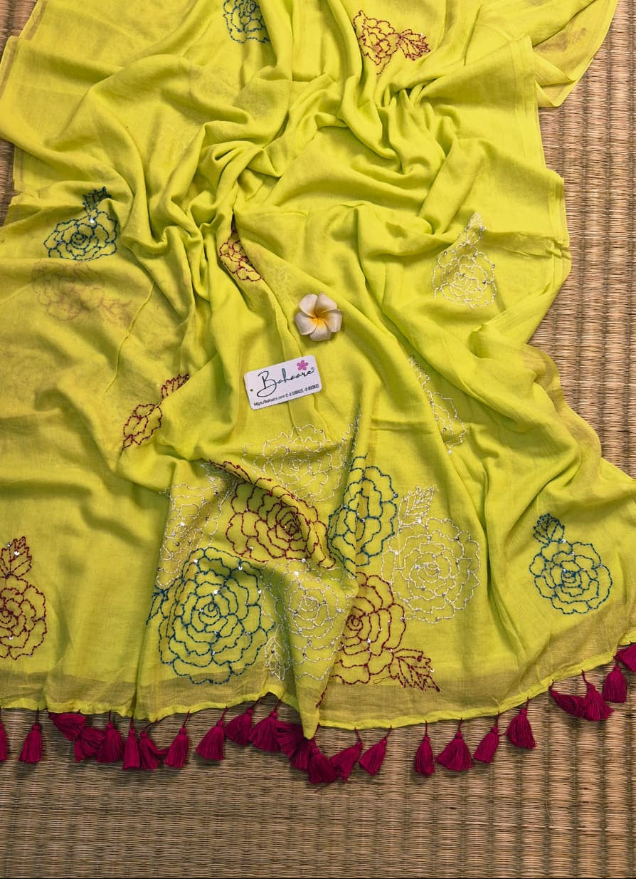 Mohini | Neon Glow Mul Mul Cotton Saree with Kantha Hand Embroidery