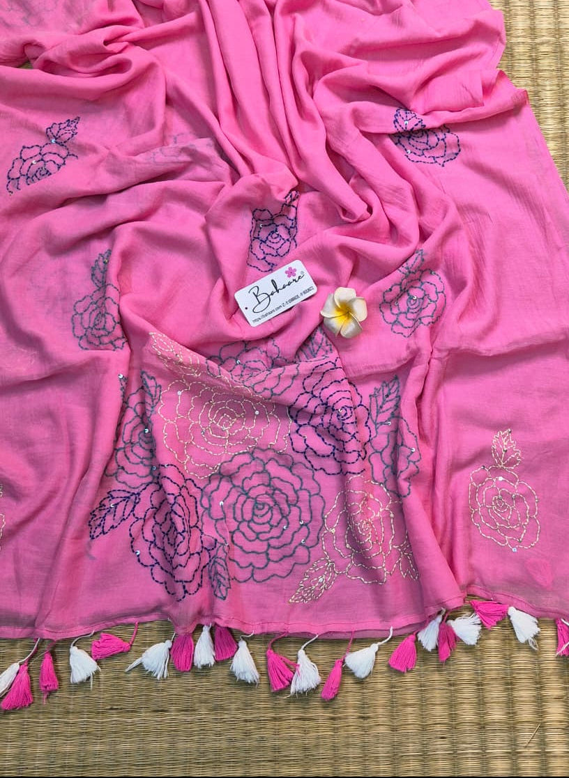 Mohini | Rose Mist Mul Mul Cotton Saree with Kantha Hand Embroidery