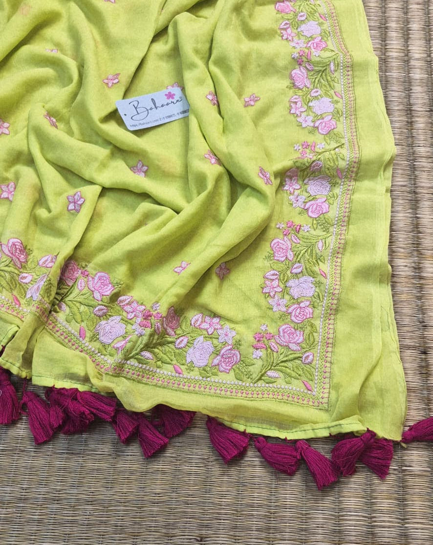 Mohini | Neon Lime Green Mul Mul Cotton Saree with Chikankari Embroidery