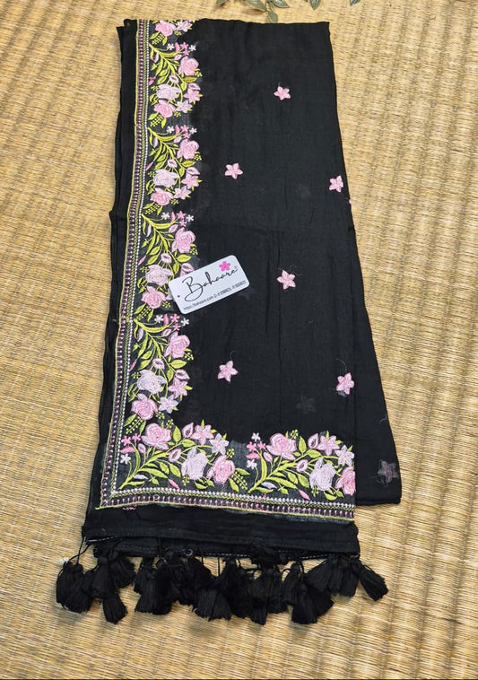 Mohini | Onyx Black Mul Mul Cotton Saree with Chikankari Embroidery