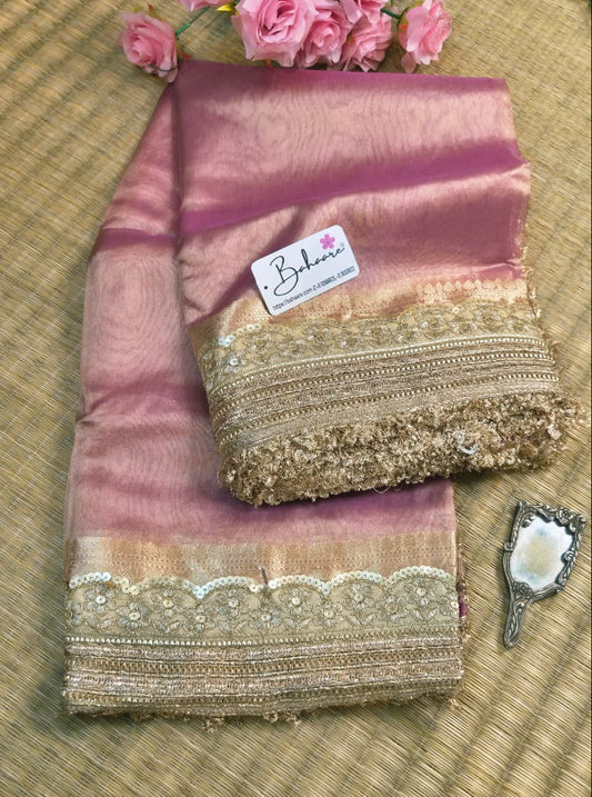 Utsav | Blush Pink Tissue Organza Silk Saree with Zari Lace