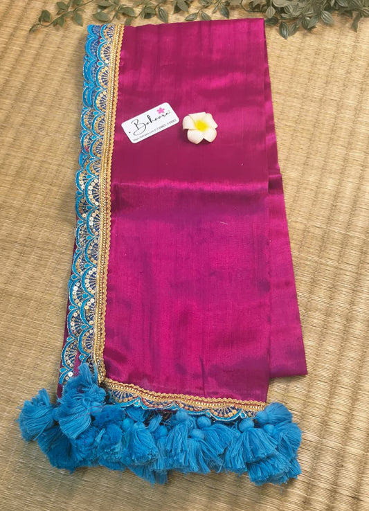 Megha | Raspberry Pink Tissue Saree with Designer Lace